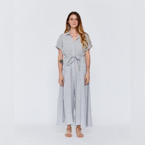 esby apparel savannah jumpsuit 100% linen grey/navy stripe size M - Picture 2 of 11
